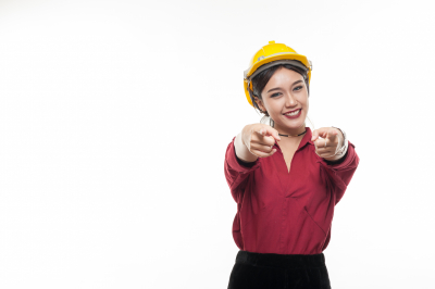 woman engineer in red shirt